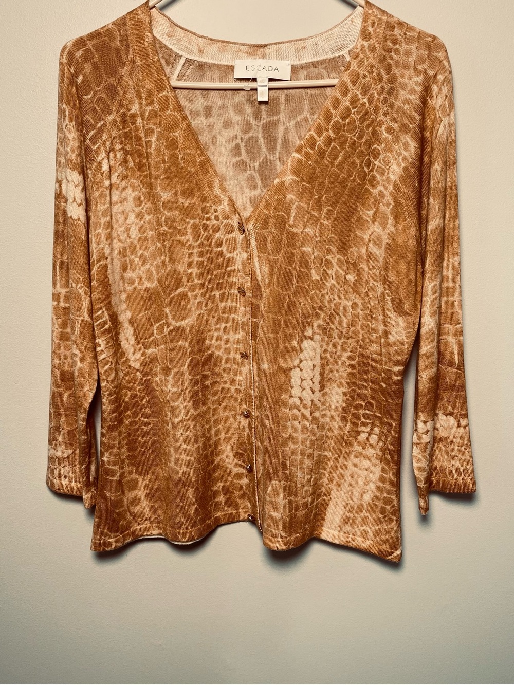 Escada Croc-Print Silk Cashmere Blend V-Neck Cardigan Sweater